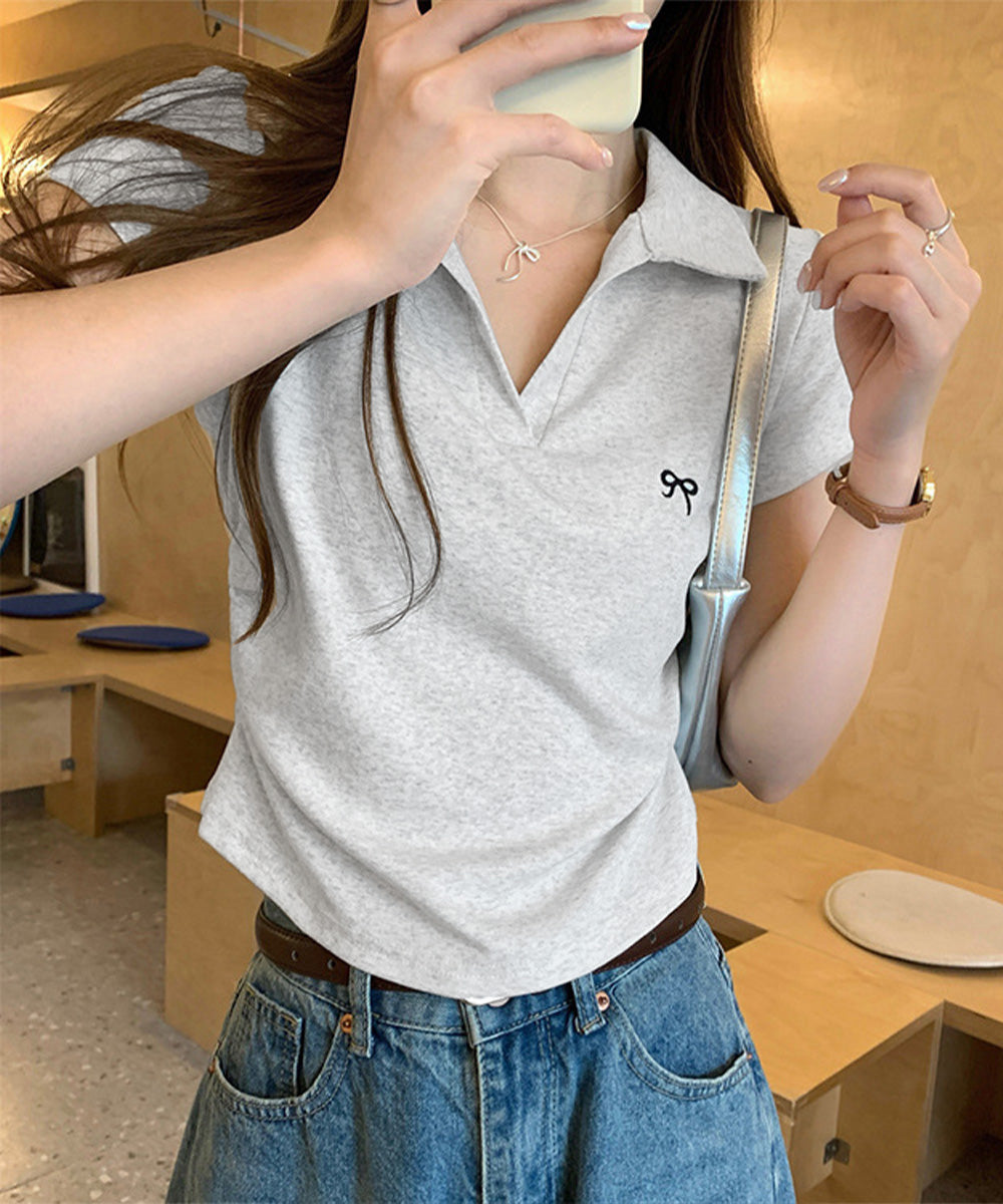 Vネックポロシャツ レディースTシャツ夏 ライトグレー