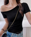 ワンショルダーTシャツオフショルダー夏服 レディース 片肩オフショルカットソー 無地 大人カジュアル セクシー tシャツ お洒落 夏トップス 肩出しカットソー半袖 83LYQYZ-002