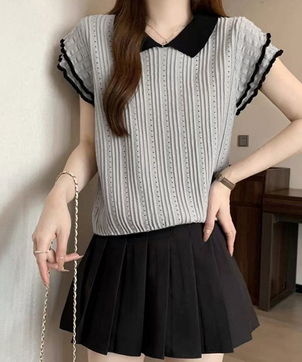 フリル袖サマーニット ポロブラウス配色襟 レディース ショート丈ニットトップス カジュアル 薄手ニットTシャツ 大人可愛い 着やせニットプルオーバー夏 ポロシャツ 83MEIYIM-001