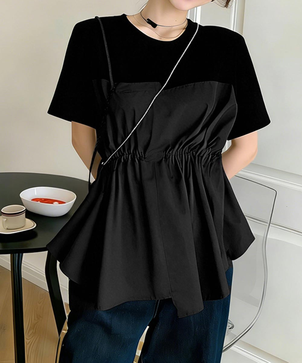 ドッキングペプラムブラウス 半袖トップス レディース ウエストマーク レイヤード風夏服 大人可愛い ウエストギャザートップス 体型カバーカットソーフレアシルエット 83MTHXZ-001