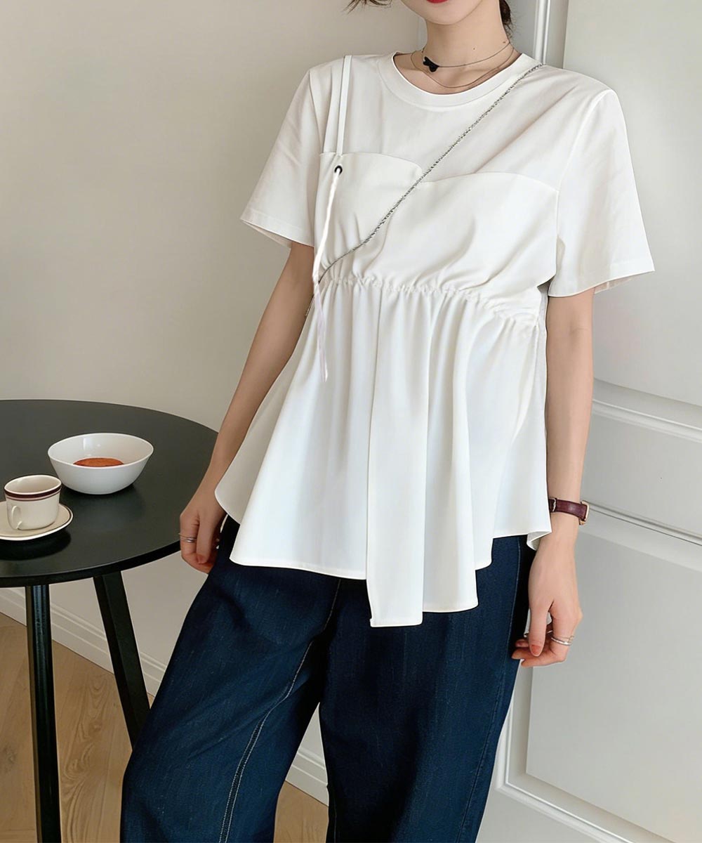 ドッキングペプラムブラウス 半袖トップス レディース ウエストマーク レイヤード風夏服 大人可愛い ウエストギャザートップス 体型カバーカットソーフレアシルエット 83MTHXZ-001