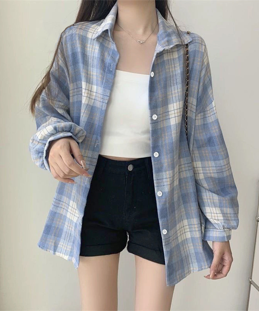 レディースチェックシャツブラウスレトロ風 大人カジュアル チェック柄シャツ ゆったりシャツカーディガン 長袖ライトアウター 体型カバー羽織り韓国風ビッグシャツ四季 83OUQING-002