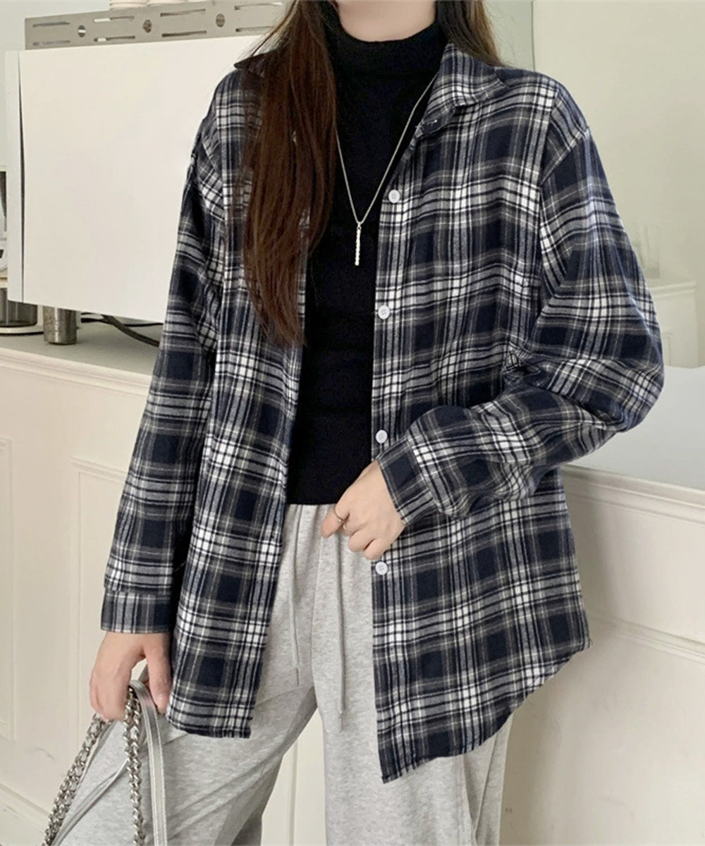 レディースチェックシャツブラウスレトロ風 大人カジュアル チェック柄シャツ ゆったりシャツカーディガン 長袖ライトアウター 体型カバー羽織り韓国風ビッグシャツ四季 83OUQING-002