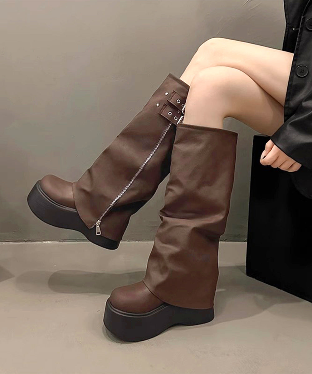 カバーロングブーツ厚底 ルーズシルエット ブラウン