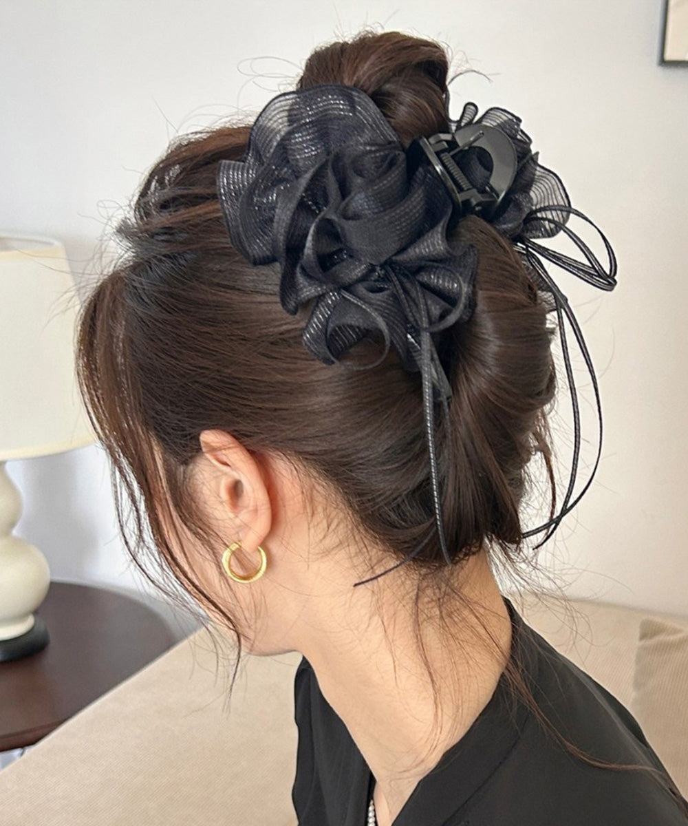 チュールバンスクリップリボンヘアクリップ バンスクリップ大きめ ビッグヘアクリップ ボリュームヘアアクセサリー 韓国風ヘアクリップ 大人可愛いヘアアクセ上品髪飾り 83SUIMIN-002