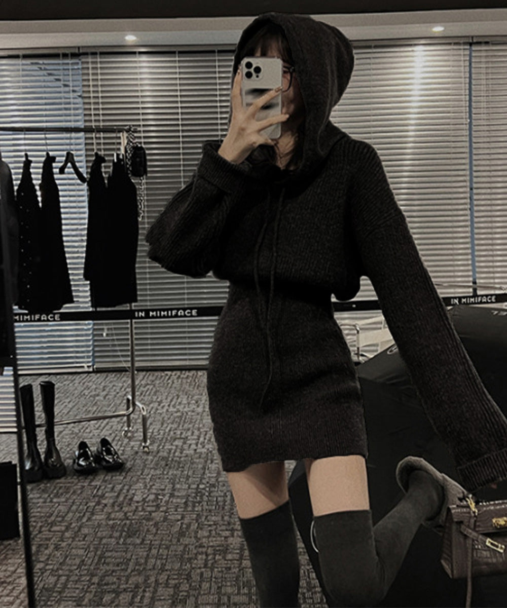 ミニニットワンピース フード付き 韓国風 ブラック