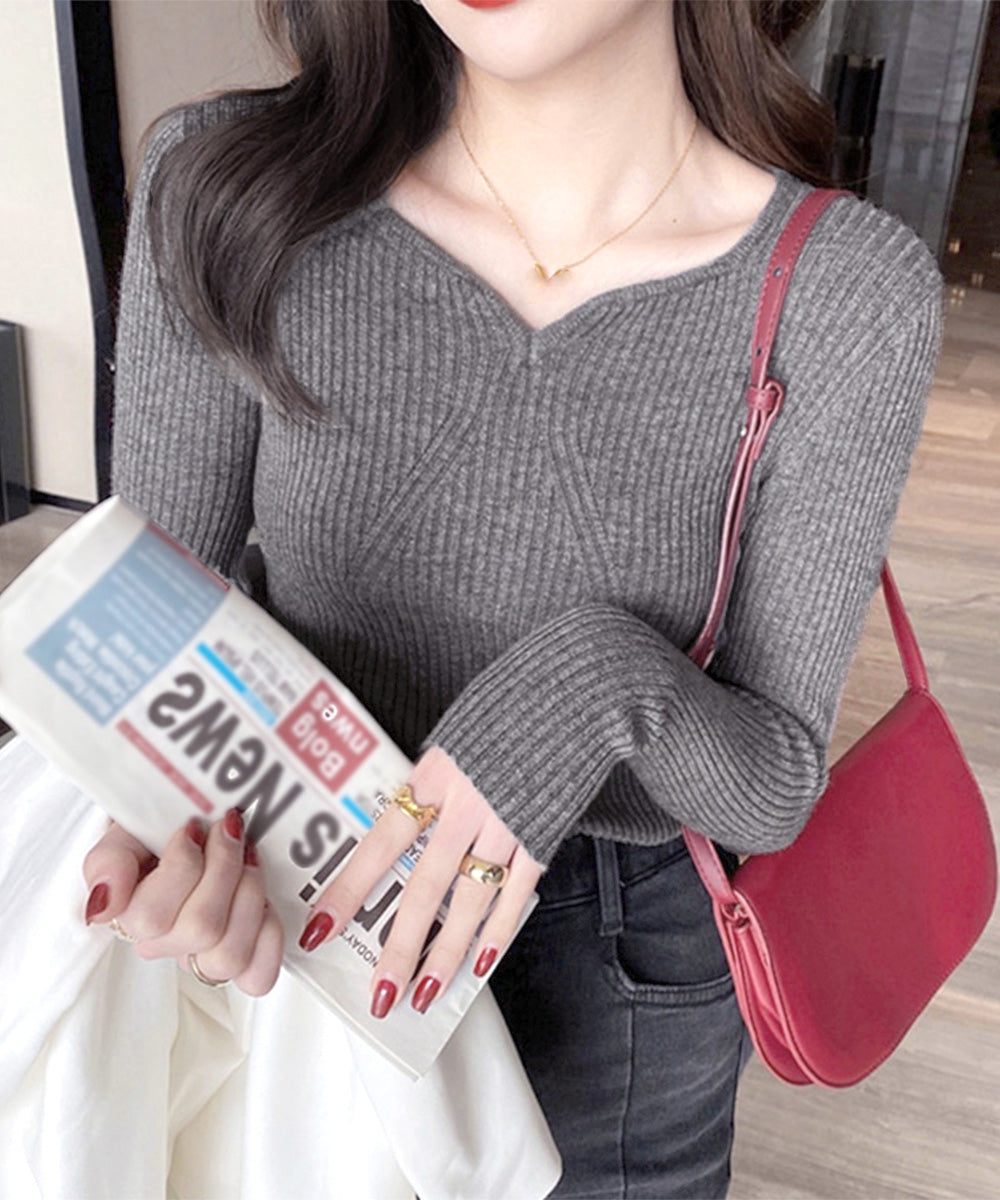 リブニットトップス レディース 大人秋服 ニットウェア ハートネック ニットプルオーバー 着回し ニットセーター 普段着 ニットソー 大人カジュアルニットインナー 83WANGY-001