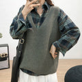 リブニットベスト レディース vネック 韓国ニットチョッキ ノースリーブ ニットトップス 重ね着風 レイヤードベスト レトロ体型カバー ニットジレ 20代30代 83XXGY-001