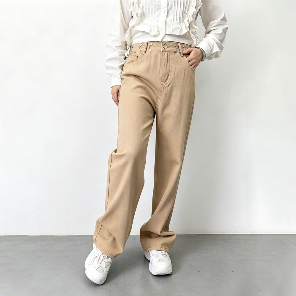 ハイウエスト デニム ワイドパンツ 韓国 ベージュ