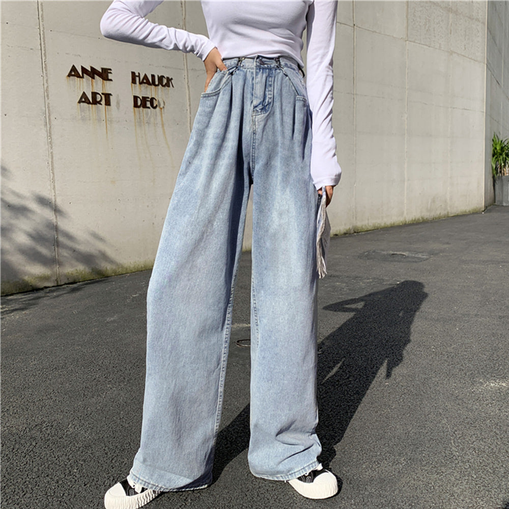 ハイウエスト デニム ワイドパンツ 韓国 サックス