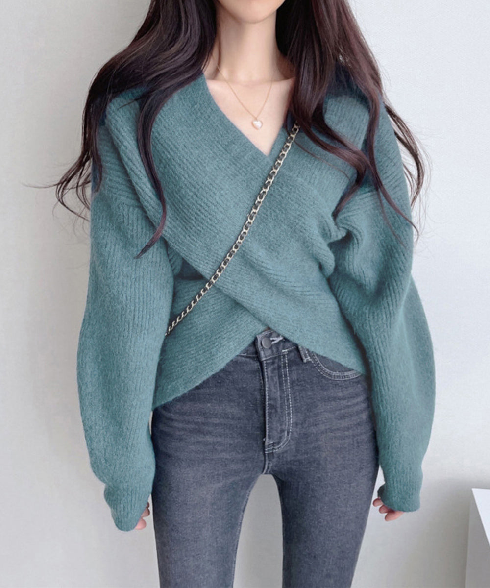 カシュクール ニットトップス レディース ふんわり クロスニットセーター 春秋冬 体型カバーニットソーVネック 大人カジュアル 上品 デート服 おしゃれニット長袖 83YATONG-084