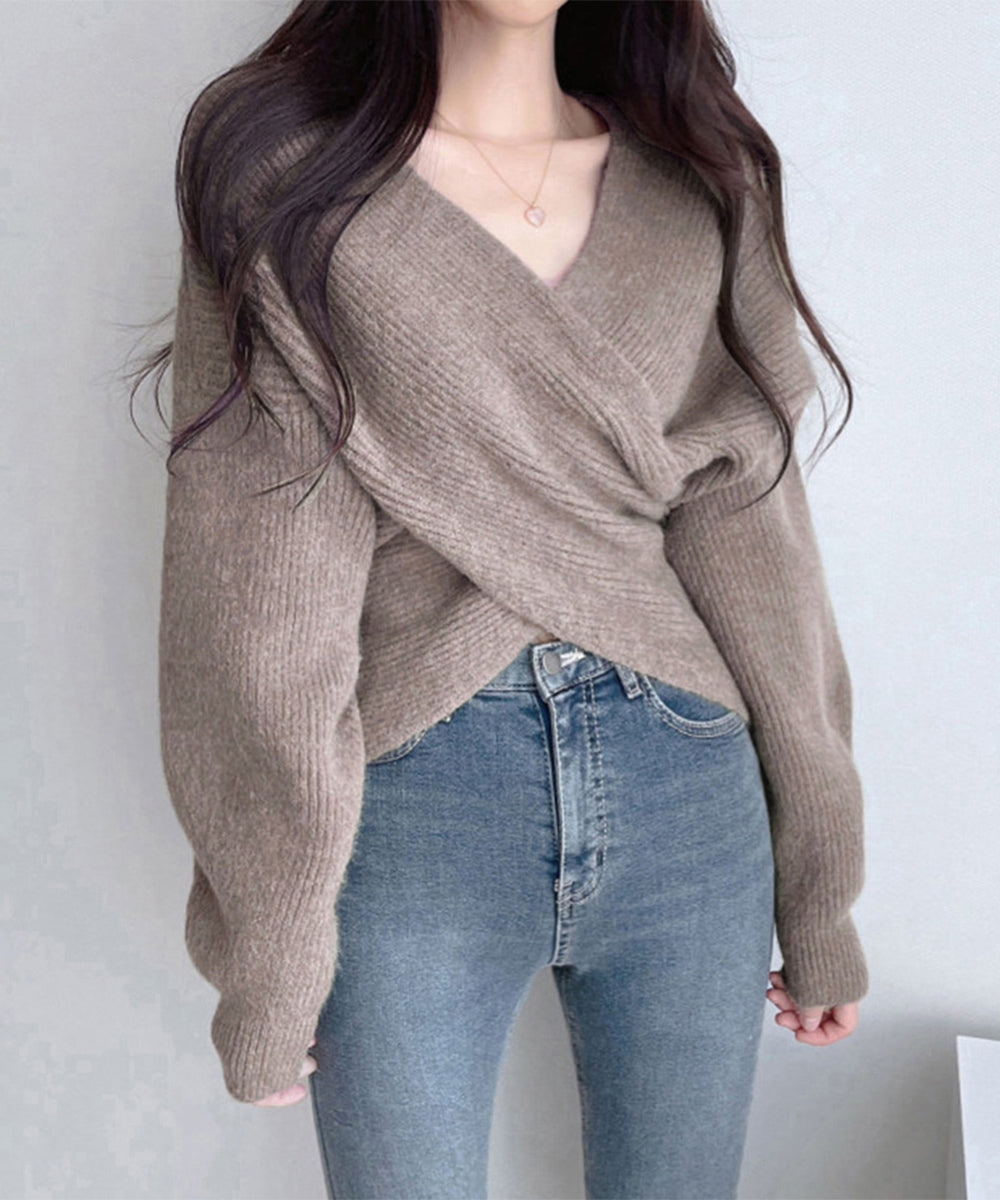 カシュクール ニットトップス レディース ふんわり クロスニットセーター 春秋冬 体型カバーニットソーVネック 大人カジュアル 上品 デート服 おしゃれニット長袖 83YATONG-084
