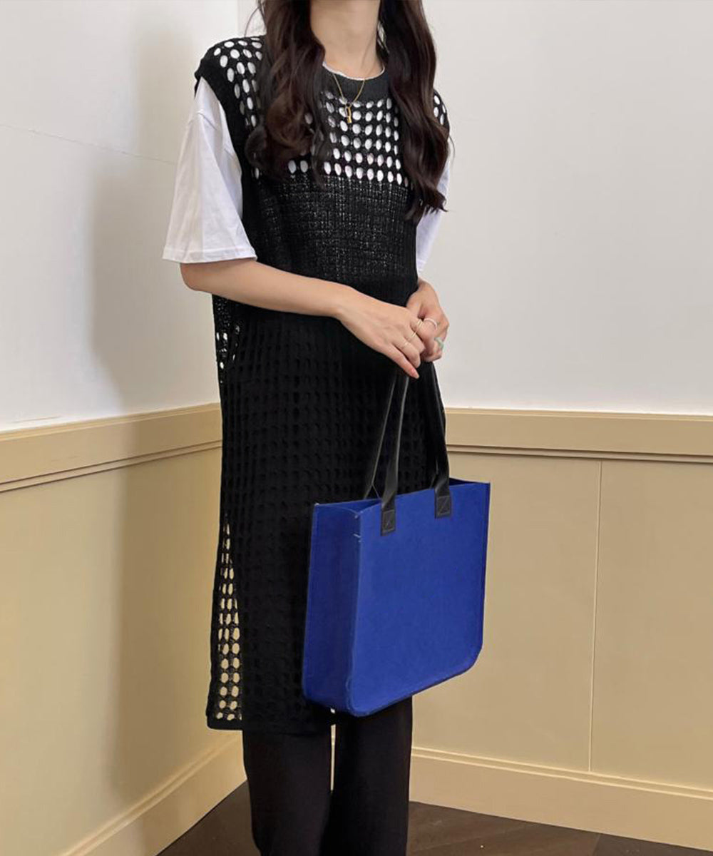 透かし編みロングベストサイドスリット夏服 ブラック