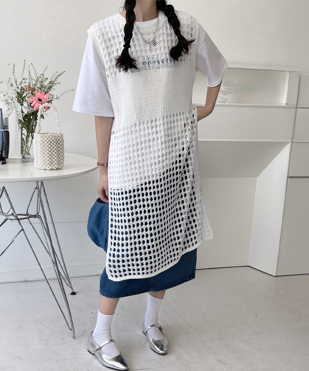 透かし編みロングベストサイドスリット夏服 ホワイト