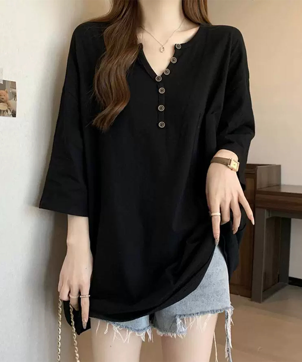 ゆったりチュニックTシャツヘンリーネック ブラック
