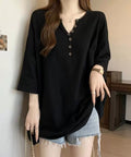 ゆったりチュニックTシャツヘンリーネック ブラック