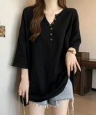 ゆったりチュニックTシャツヘンリーネック ブラック