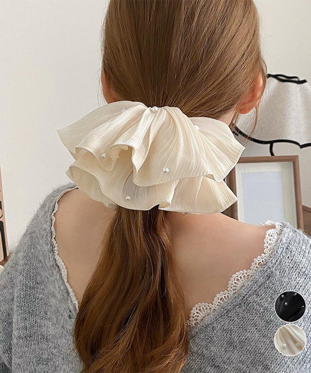 パール付きシュシュ 上品プリーツヘアゴム 詳細画像1