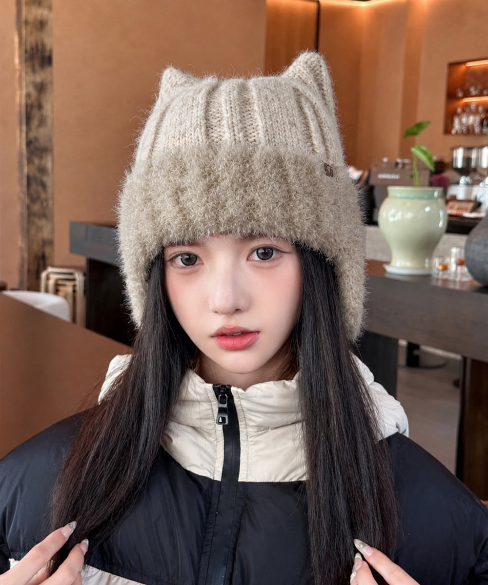 猫耳ニット帽小顔ファービーニー耳当て付き 詳細画像12