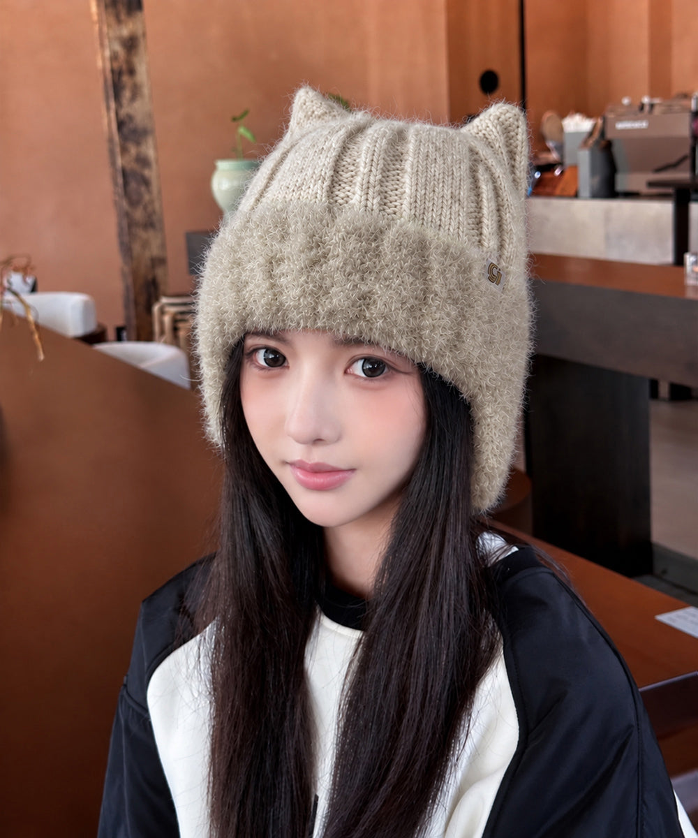 猫耳ニット帽小顔ファービーニー耳当て付き 詳細画像13