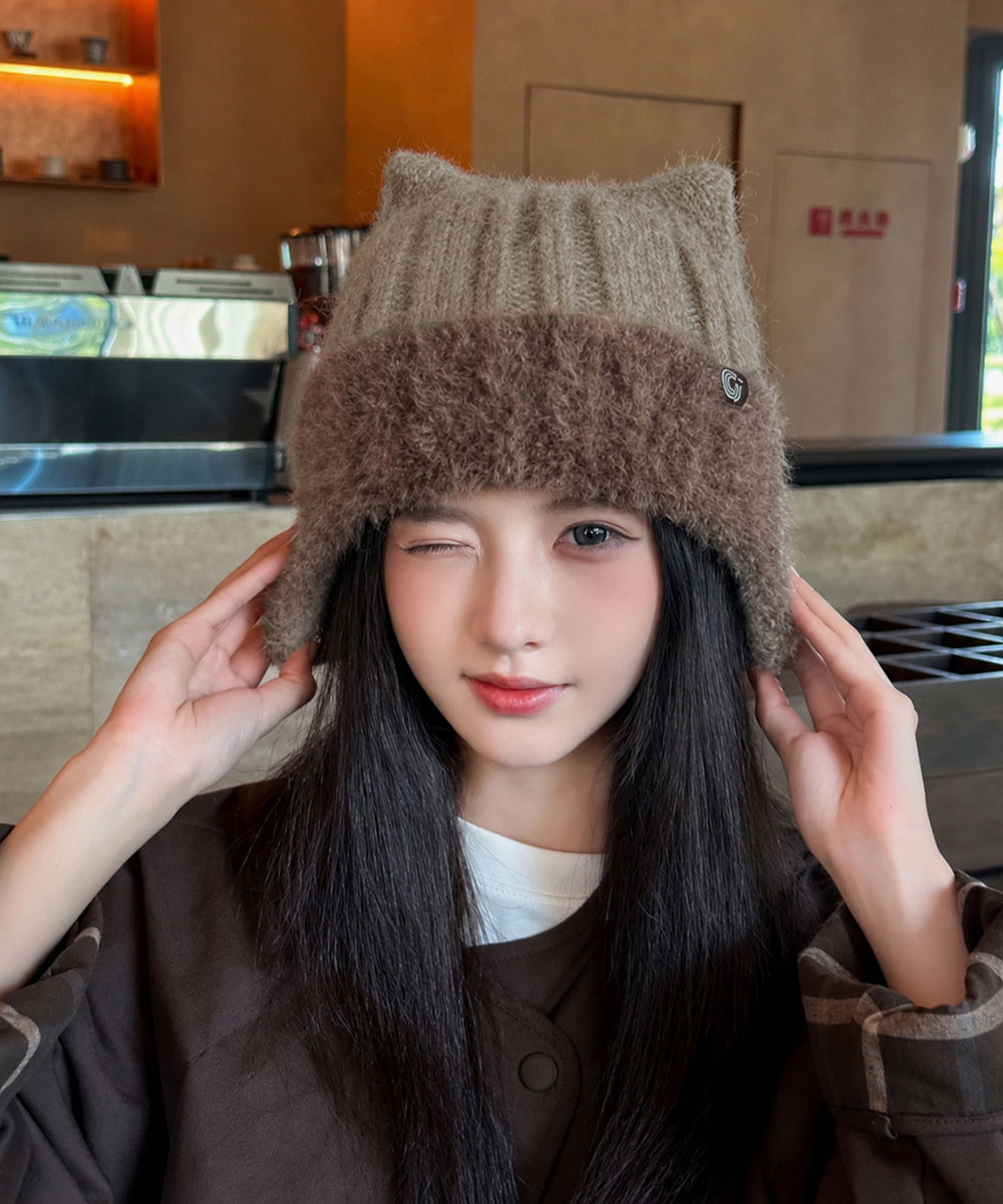 猫耳ニット帽小顔ファービーニー耳当て付き 詳細画像5