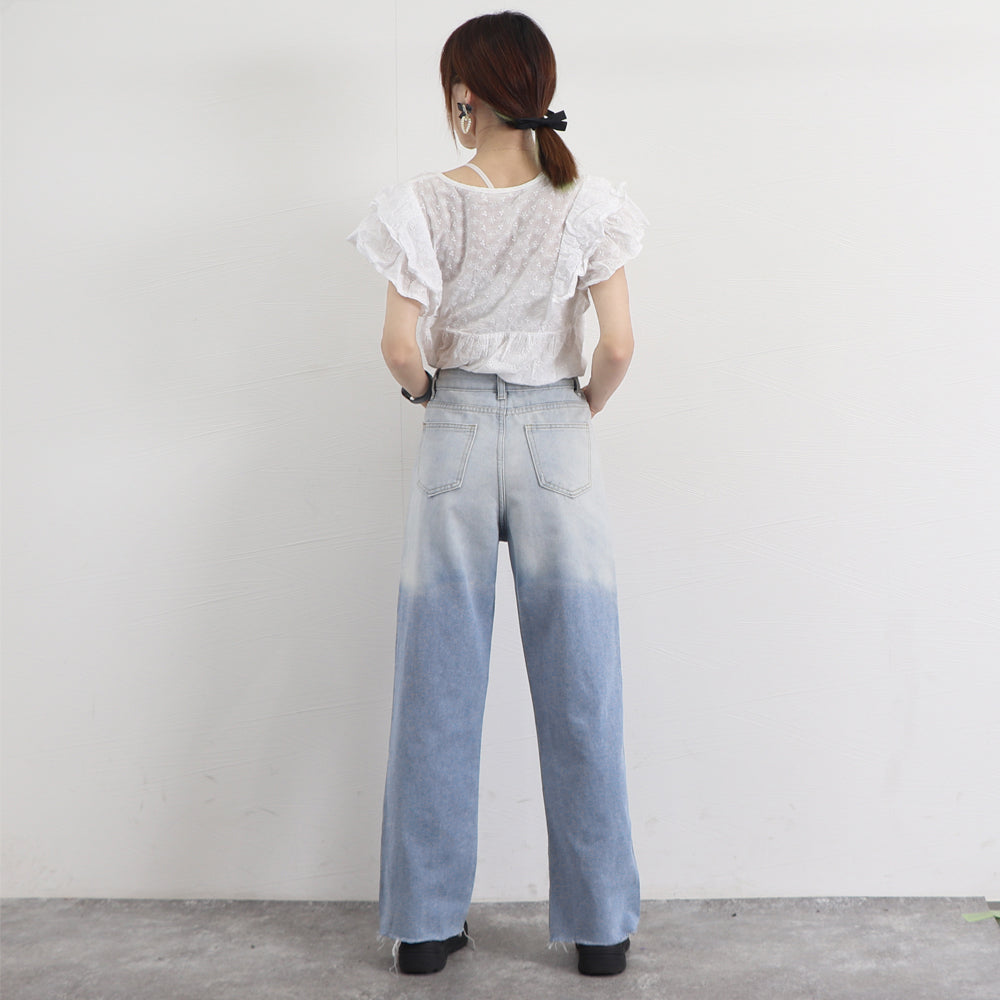 ダメージ デニムパンツ ハイウエスト韓国 詳細画像17