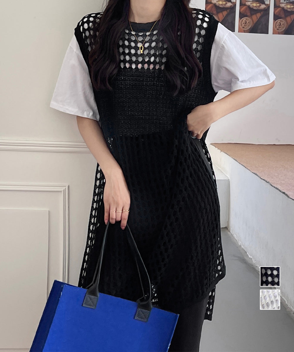透かし編みロングベストサイドスリット夏服 詳細画像1