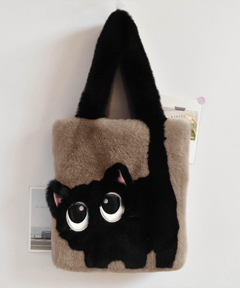 ファートートバッグ ふわふわ 猫柄鞄秋冬 ブラウン