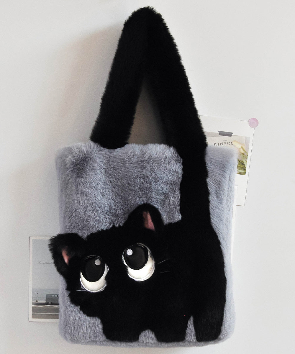 ファートートバッグ ふわふわ 猫柄鞄秋冬 グレー