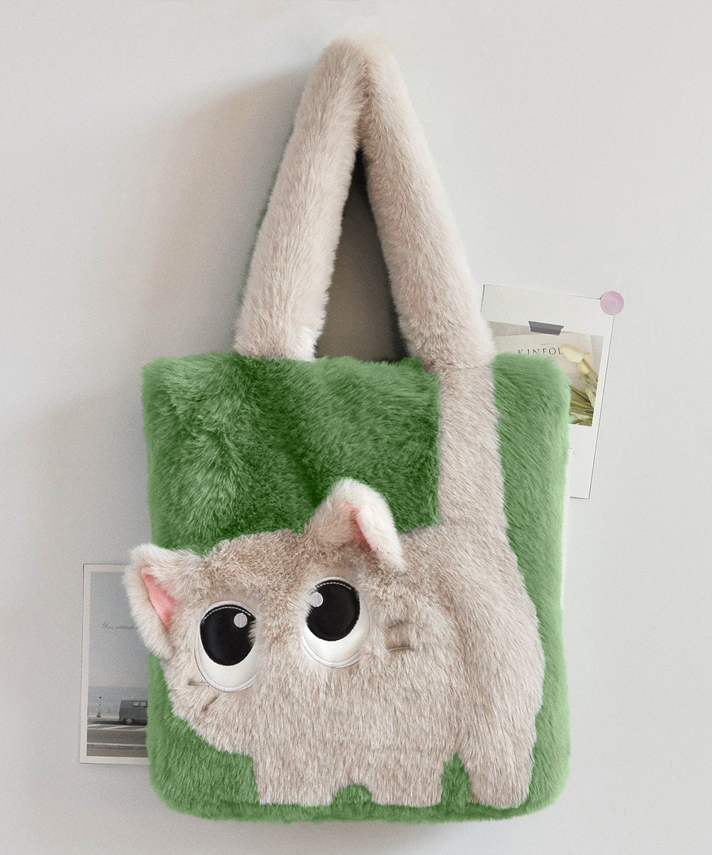 ファートートバッグ ふわふわ 猫柄鞄秋冬 グリーン