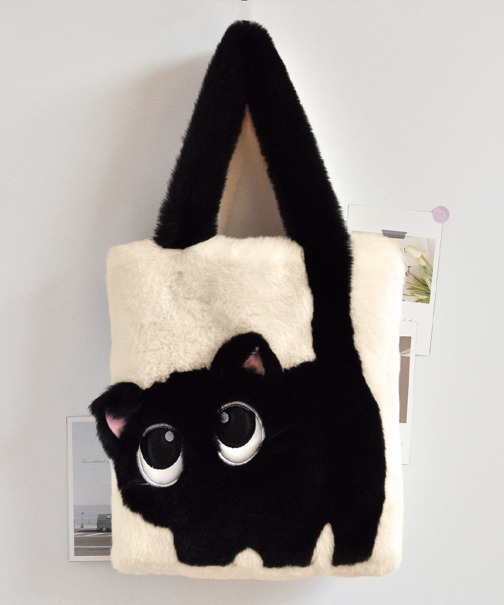 ファートートバッグ ふわふわ 猫柄鞄秋冬 アイボリー系2（黒猫）