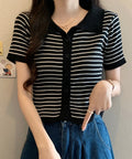 ボーダー柄ニットポロシャツレディース半袖 ニットtシャツ 薄手サマーニット 襟付きカットソー カジュアル夏服 着やせニット Vネックニットトップス 前開き 韓国風 84DAIW-007