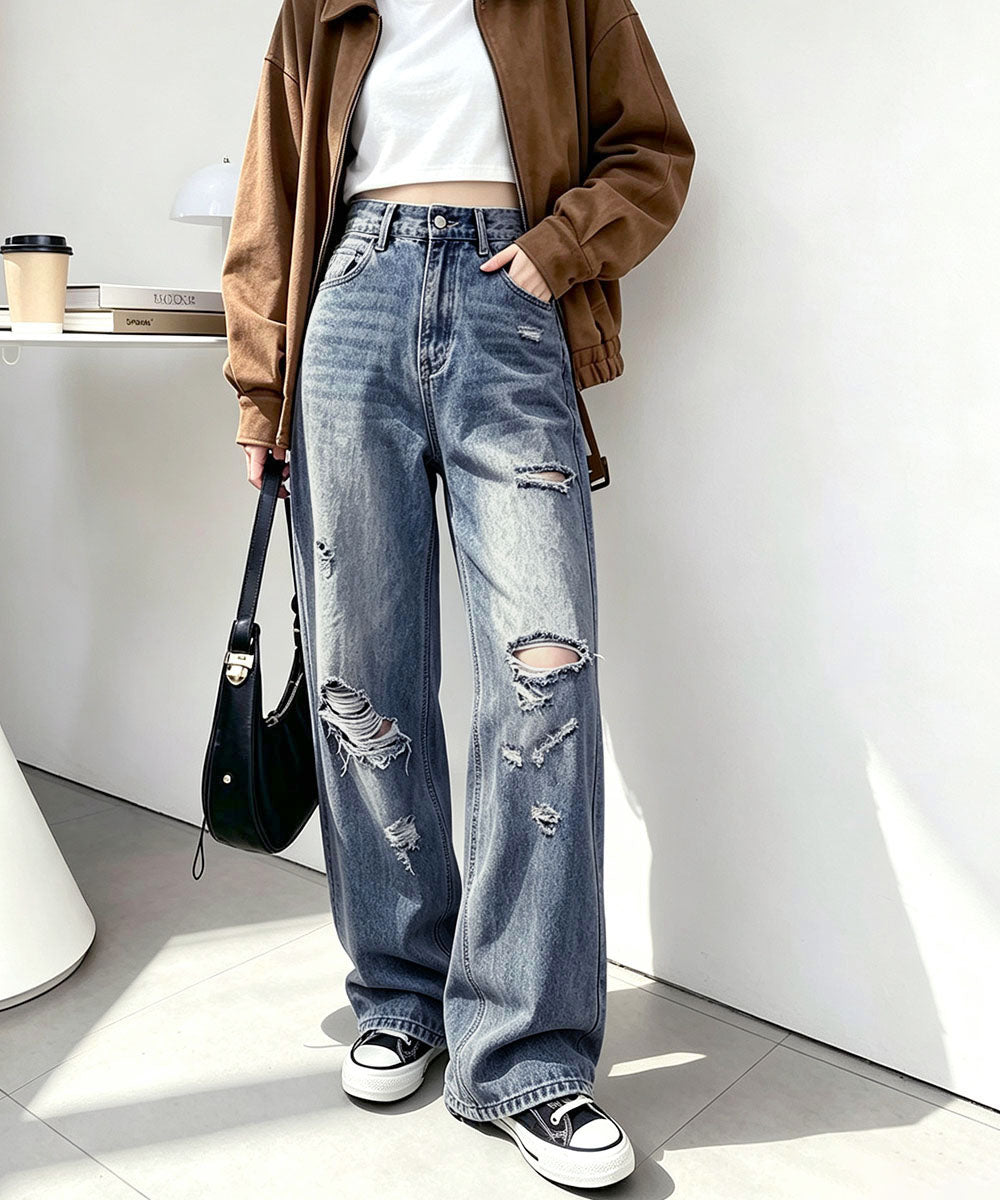 ダメージデニムパンツ ワイドレッグデニム レディース ハイウエスト ロングパンツ ウォッシュ加工 ストレートパンツ 着やせ 韓国風ジーパン ゆったり ボトムス脚長 84GZYM-006