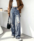 ダメージデニムパンツ ワイドレッグデニム レディース ハイウエスト ロングパンツ ウォッシュ加工 ストレートパンツ 着やせ 韓国風ジーパン ゆったり ボトムス脚長 84GZYM-006