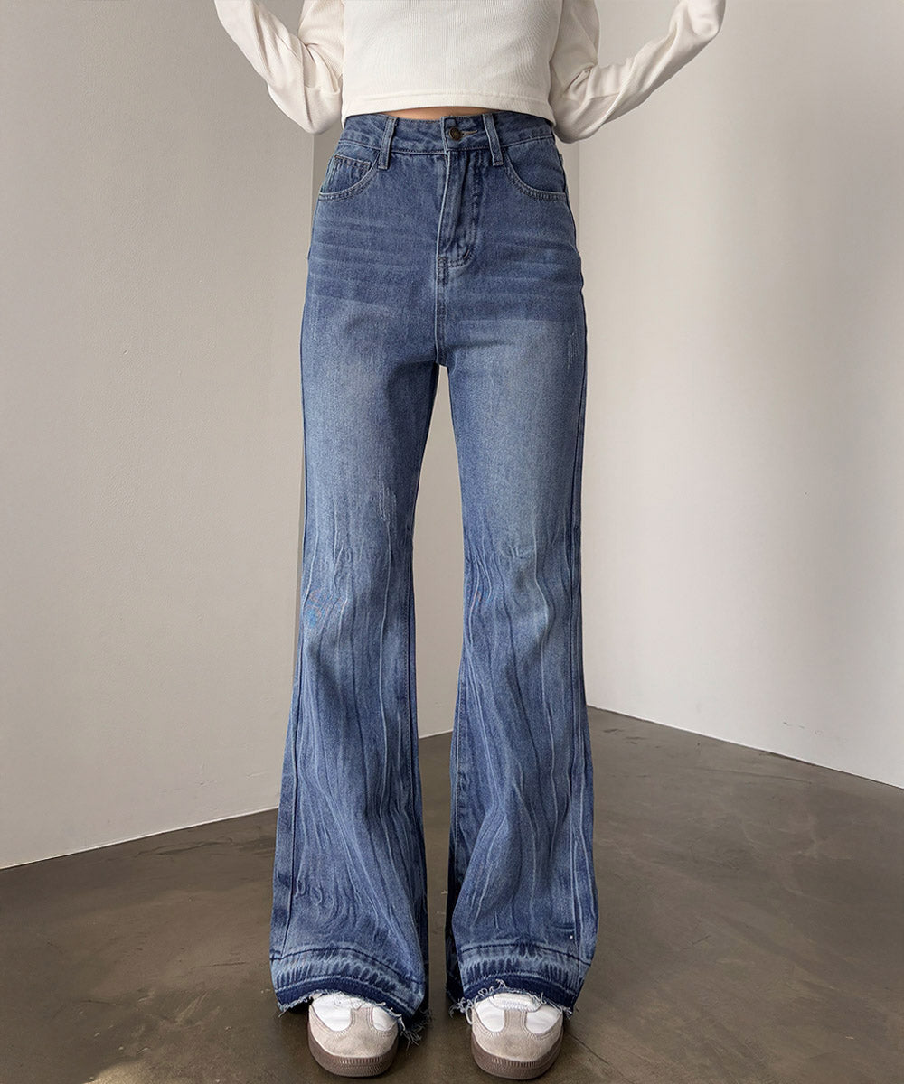 レトロ フレアデニムパンツ ローエッジ ジーパン レディース ハイウエスト ヴィンテージ 美脚脚長 ボトムス カジュアル ブーツカットデニム 着やせロングパンツ 84JIAYE-001