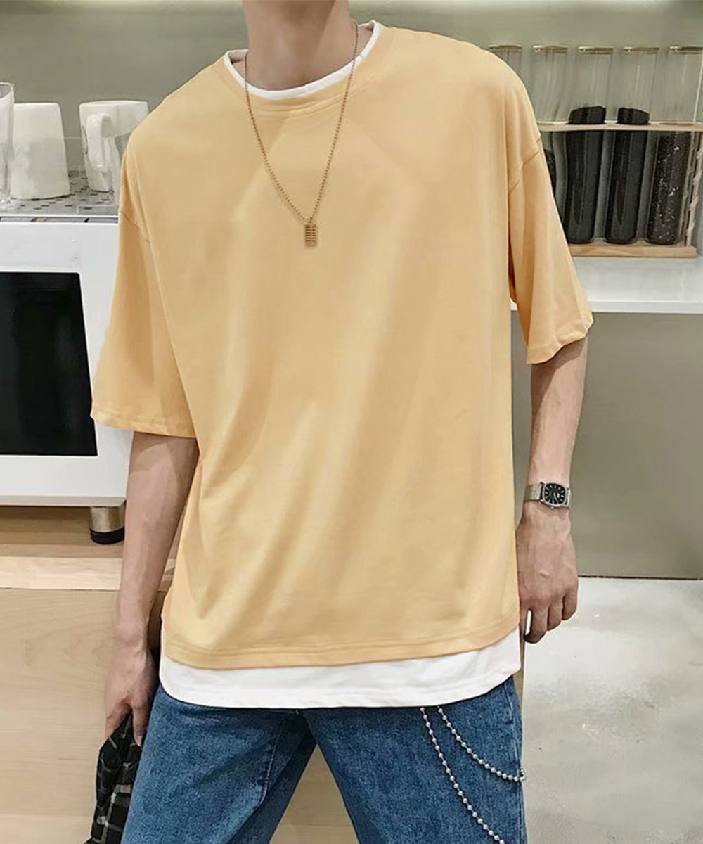 レイヤード風tシャツ メンズクルーネック ベージュ