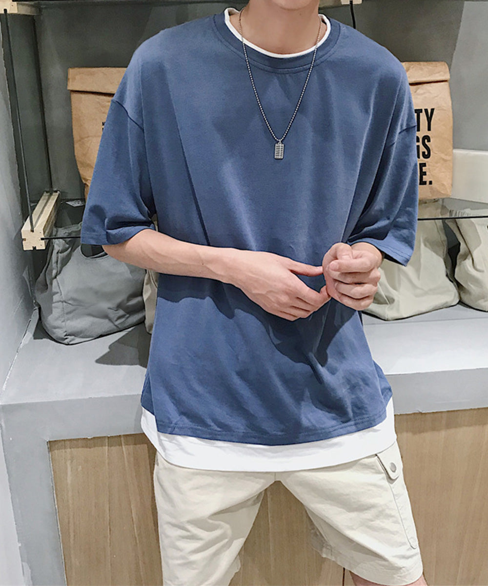 レイヤード風tシャツ メンズクルーネック ブルー