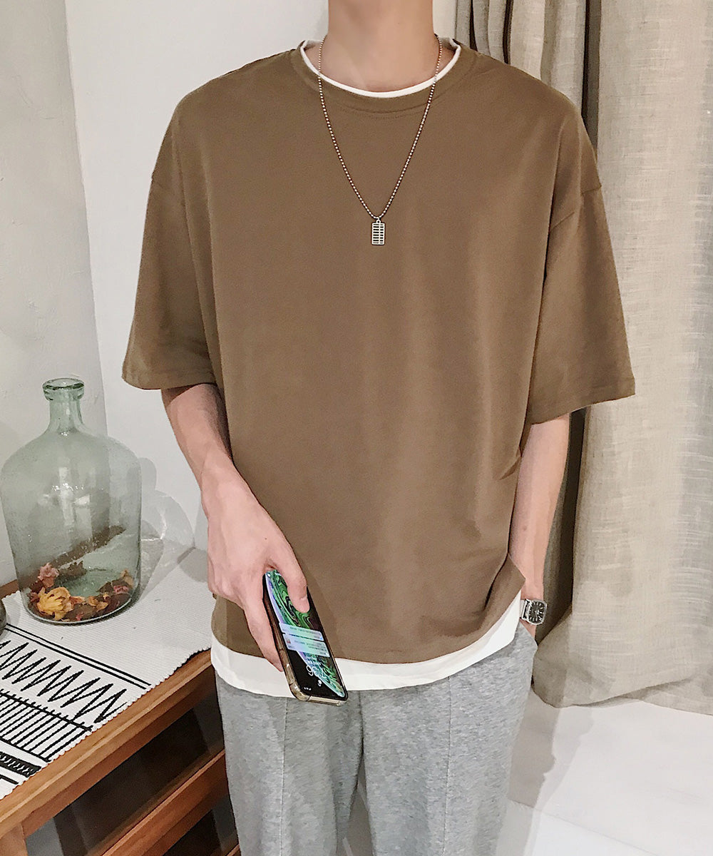レイヤード風tシャツ メンズクルーネック ブラウン