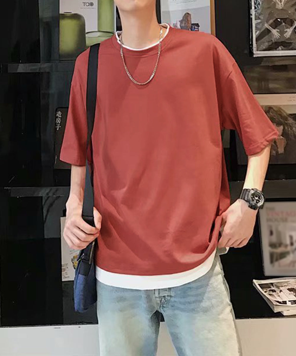 レイヤード風tシャツ メンズクルーネック レッド