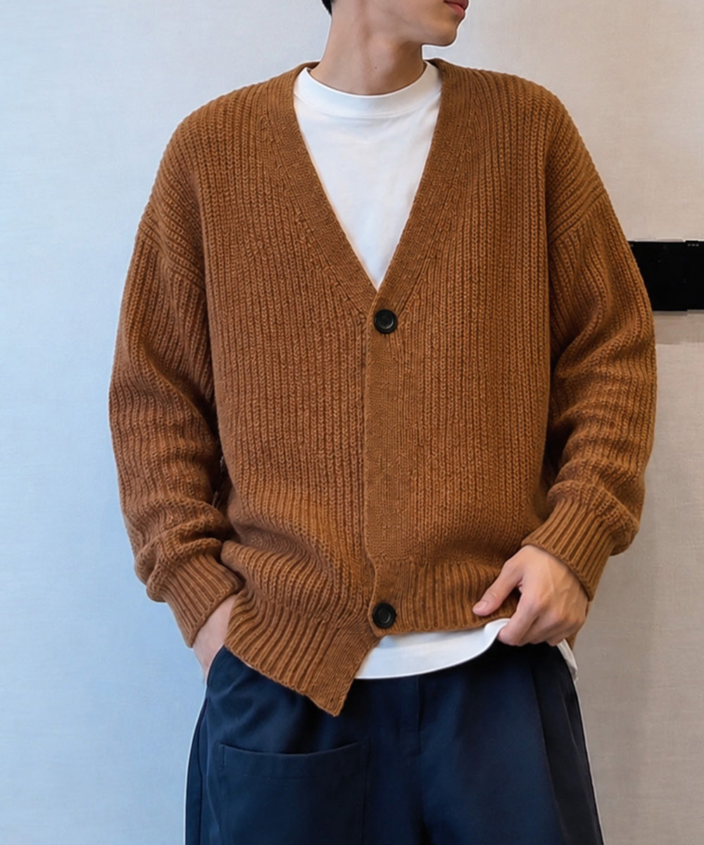 畦編みニットメンズ韓国風カーディガン秋冬 Vネックニットカーディガン男女兼用人気 無地古着風ニットアウター ドロップショルダー羽織りゆるっとニットセータートップス 84JIQI-009