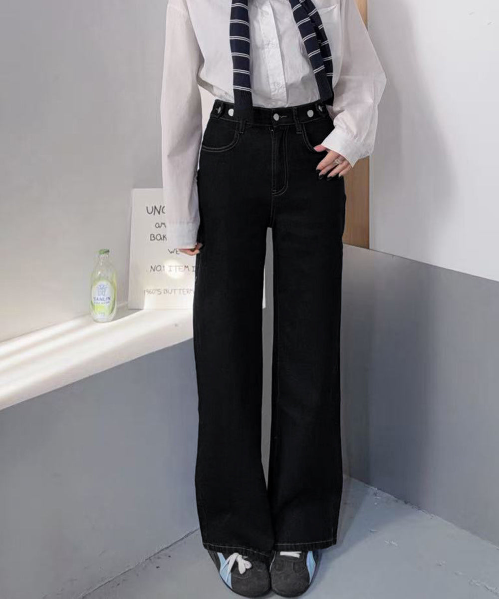 レディースデニムパンツウエストボタン調節 ハイウエストストレートデニム 大人美脚脚長パンツ 着やせロングパンツ カジュアル細見えジーンズ 体型カバーボトムス韓国風 84KAILI-007
