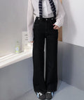 レディースデニムパンツウエストボタン調節 ハイウエストストレートデニム 大人美脚脚長パンツ 着やせロングパンツ カジュアル細見えジーンズ 体型カバーボトムス韓国風 84KAILI-007