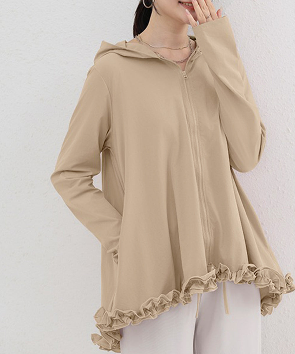 シアパーカー長袖フリルラッシュガード夏服 レディース UV対策カーディガン 日焼け止め フード付きお洒落ラッシュガード 涼しいライトアウター軽い ゆったり羽織り夏 84KAILI-009