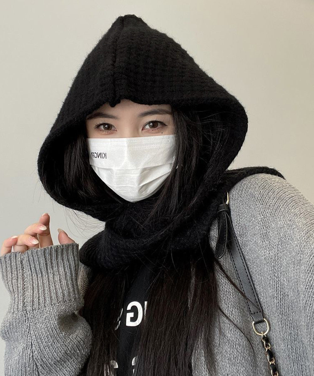 フード付きニットマフラー韓国風バラクラバ ブラック