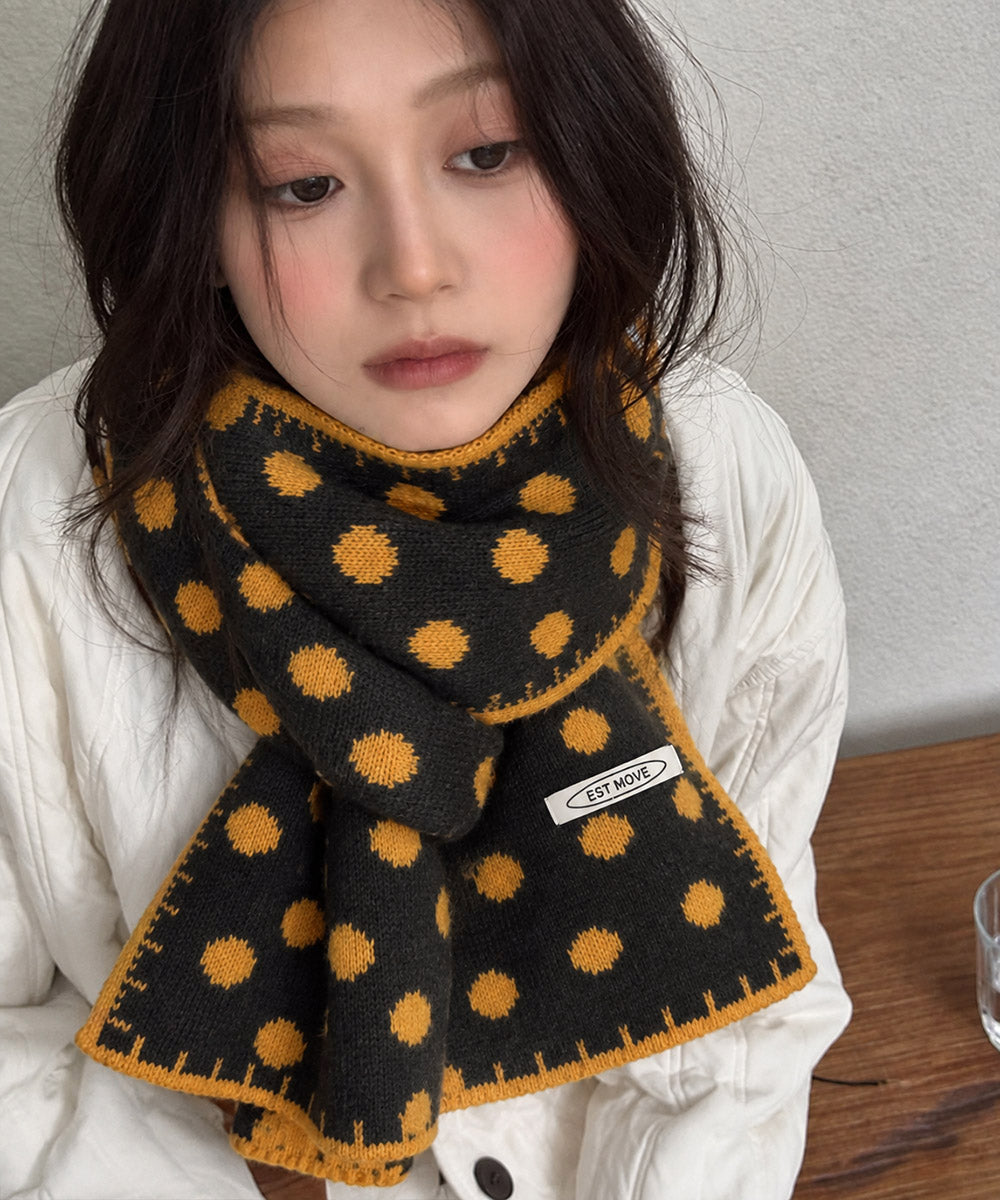 配色ドットニットロングマフラー韓国風秋冬 ブラック*イエロー