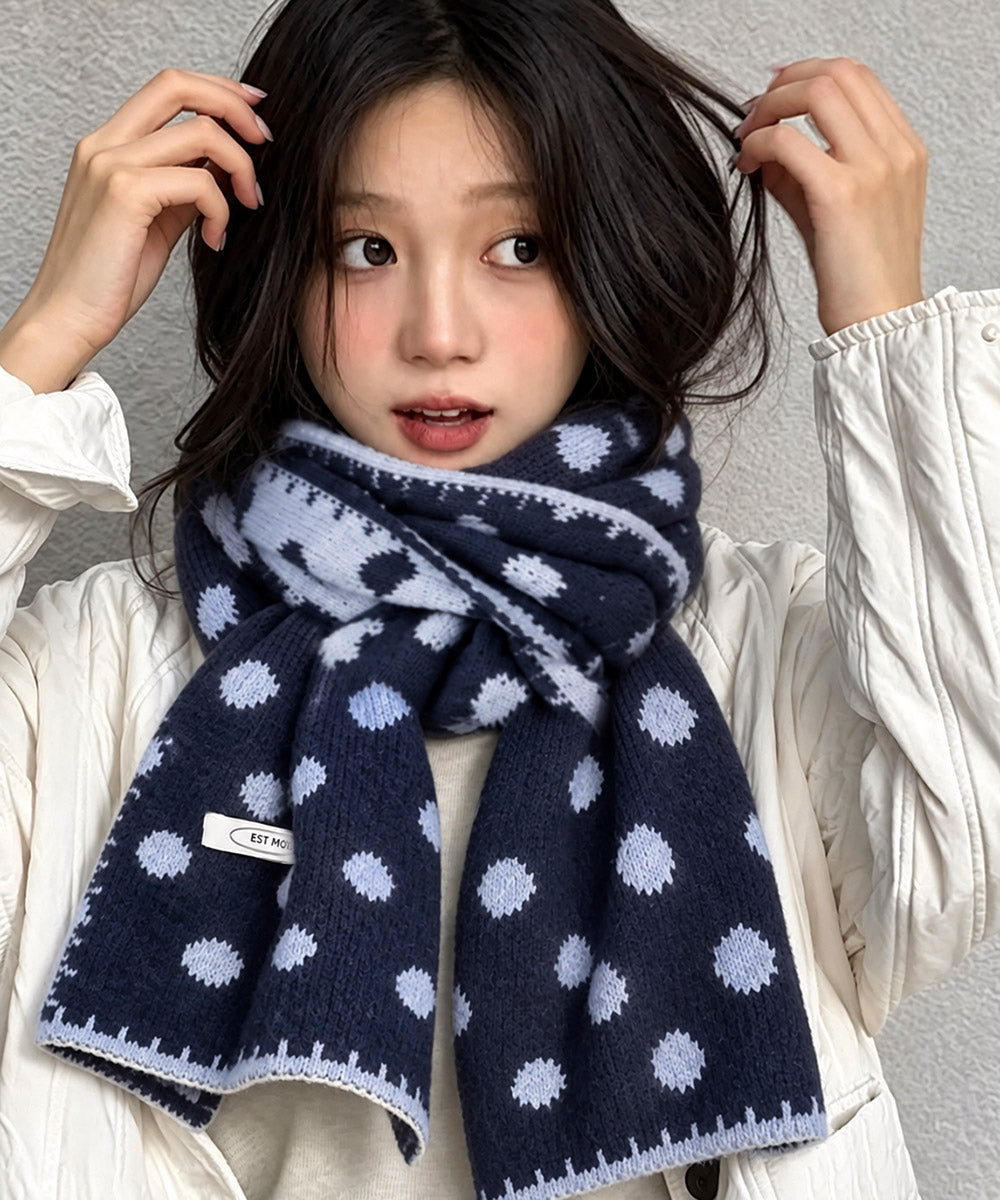配色ドットニットロングマフラー韓国風秋冬 ネイビー*ブルー