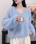 ラメシャギーニットトップス Vネック秋冬 レディース ふわふわ モヘアニットプルオーバー 大人可愛いシャギーセーター 韓国風きらきらトップス キレイめニット 無地 84MEIRJ-021