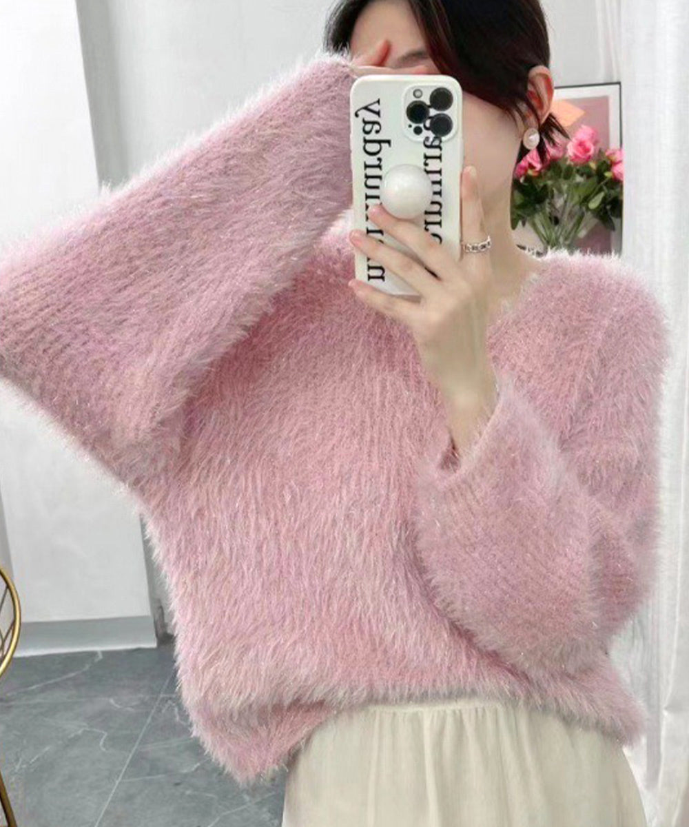 ラメシャギーニットトップス Vネック秋冬 レディース ふわふわ モヘアニットプルオーバー 大人可愛いシャギーセーター 韓国風きらきらトップス キレイめニット 無地 84MEIRJ-021