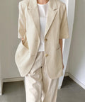 麻混風テーラードジャケットレディース夏服 ゆったり リネンサマージャケット体型カバー 薄手ジャケット着やせ オフィスカジュアル ナチュラルジャケットライトアウター 84QIANSHUO-001