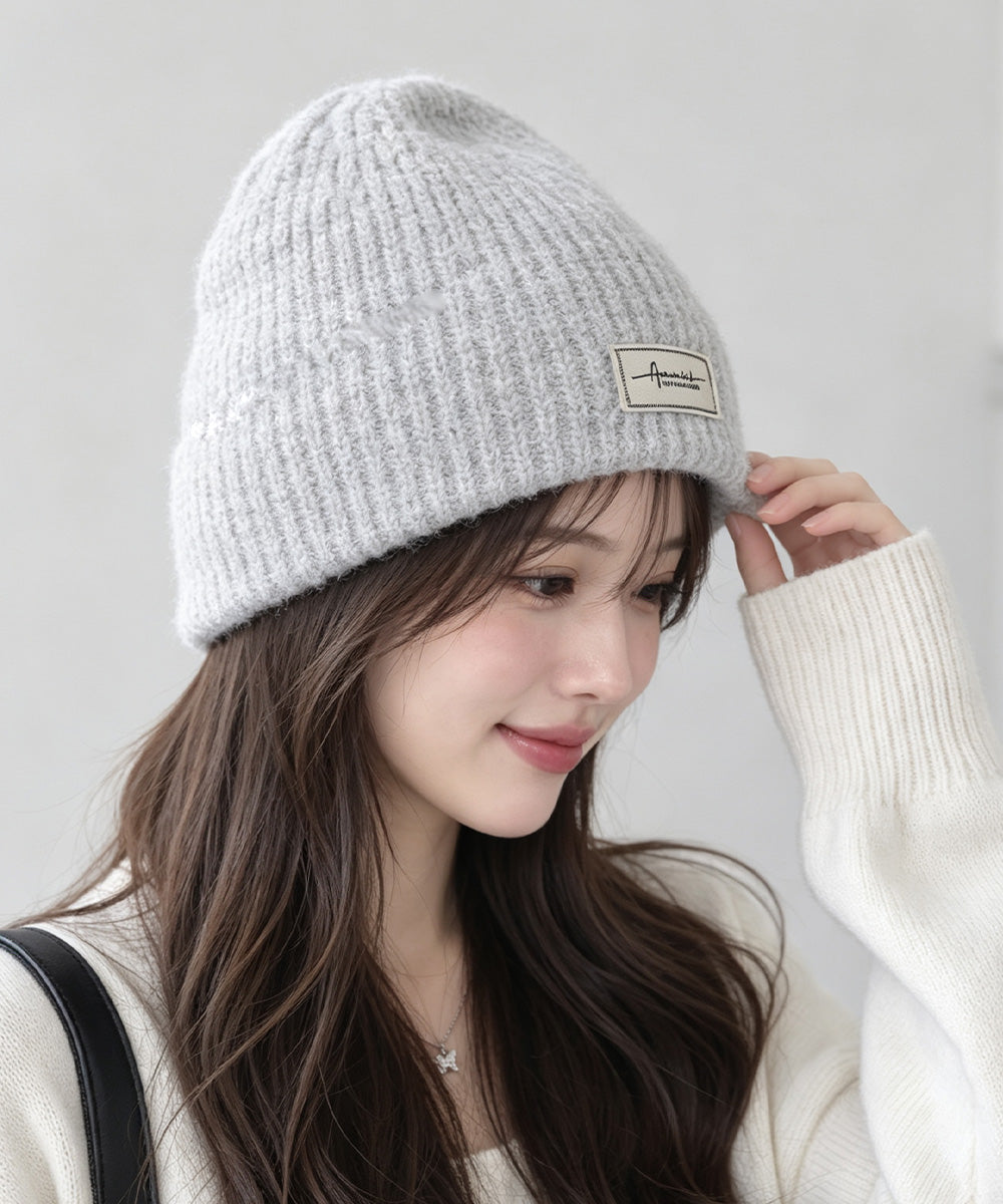 ロゴニット帽子レディース ニットキャップ おしゃれ リブニットビーニー ワンポイント秋冬帽子 防風防寒 小顔ぼうし あったか 韓国風 お出掛け防寒グッズワッチ帽子 84RUINENG-001